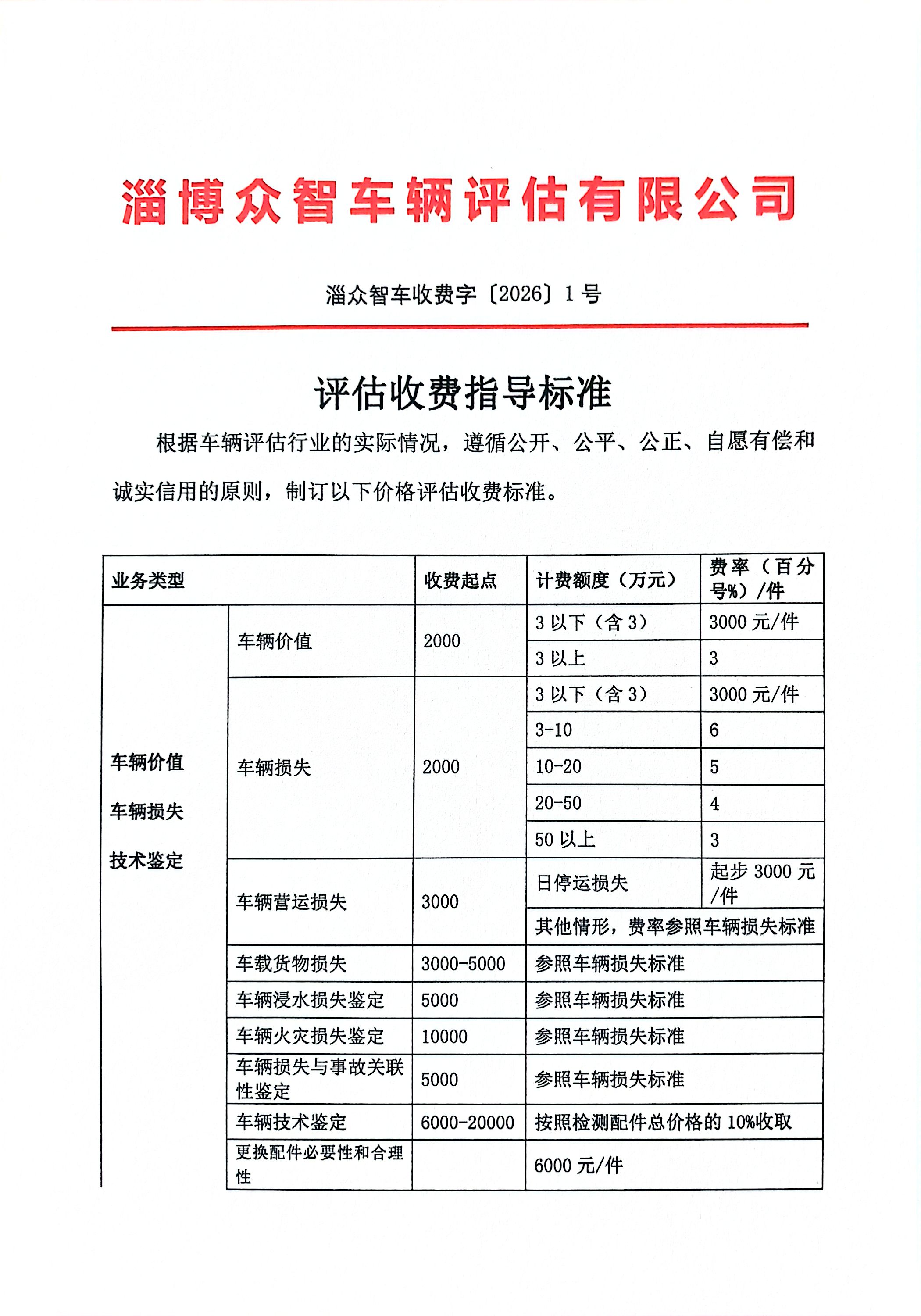 淄博众智车辆评估有限公司价格鉴证评估收费指导标准